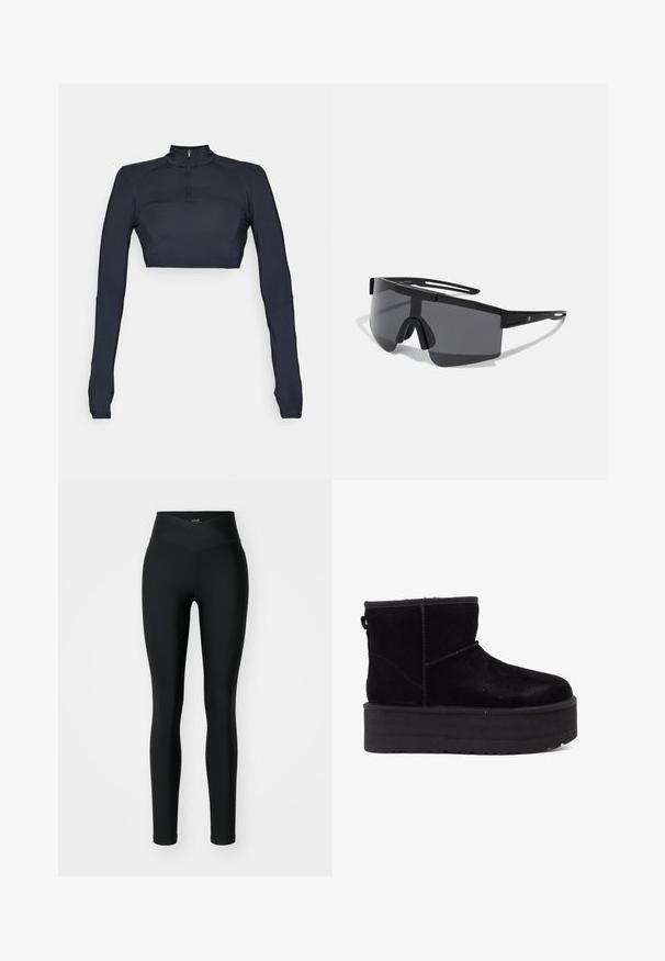 Temno modra dolga majica s kratkimi rokavi in polo ovratnikom ter četrtinskim zadrgo, ki vključuje teksturirane panele na rami in prilegajočo silhueto.; Črne legice iz raztegljive tkanine, z visokim prečnim pasom in oprijetim krojem. Gladka tekstura brez vidnih vzorcev ali poudarkov.; Črne semiš gležnjarje z debelim podplatom in mehkimi podlogami. Zaključene z dekorativnimi šivi in zadnjim trakom za lažje obuvanje.; Črne oversized sončna očala s trdnim plastičnim okvirjem, zasnovo zavitja in temnimi lečami, ki vključujejo nosni most in minimalne stranske poudarke.