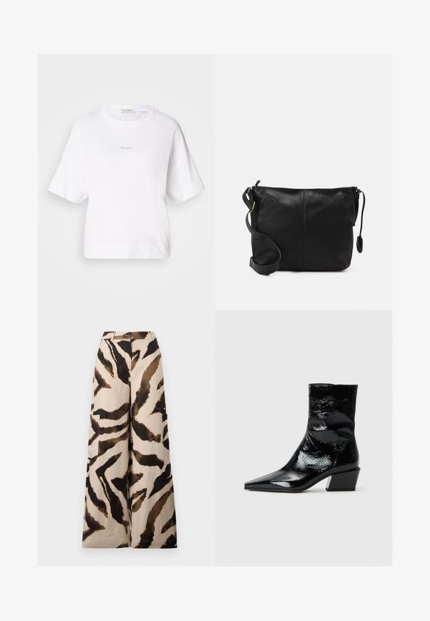 Camiseta blanca de gran tamaño, hecha de tejido suave, con cuello redondo y mangas cortas. Pequeño logotipo impreso en el centro del pecho.; Pantalones de pierna ancha confeccionados en tejido ligero, con una base beige y un patrón de rayas de tigre en marrón y negro, y con bolsillos laterales.; Botas de tobillo negras de charol con punta afilada, acabado texturizado y un tacón grueso. Diseño elegante con una superficie suave y brillante.; Bolso cruzado de cuero negro con forma plana, acentos de hardware dorado y correa ajustable. Textura suave con detalles de costura mínimos.