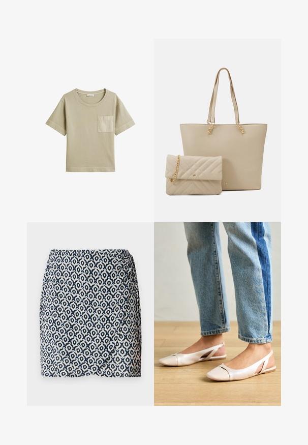 Short-sleeve khaki t-shirt made of soft cotton, featuring a round neckline and a single patch pocket on the left side.; Navy and white patterned wrap skirt with geometric shapes, lightweight fabric, fitted waist, and slight drape at the hem.; Pale pink slingback flats with a pointed toe, made from a smooth leather-like material. Features cut-out details at the sides and a flat heel.; Beige tote bag with flat handles, smooth texture, and gold hardware, paired with a matching quilted clutch featuring a chain strap.