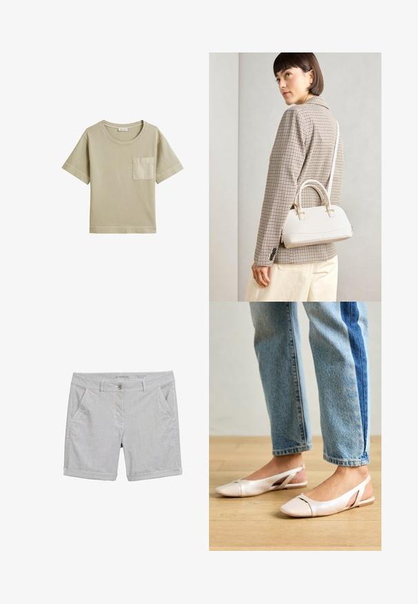 Kurzes khakifarbenes T-Shirt aus weicher Baumwolle, mit Rundhalsausschnitt und einer aufgesetzten Tasche auf der linken Seite.; Herren Shorts, gestreiftes Muster in Hellgrau und Weiß, Baumwollstoff, umgeschlagene Säume, Vordertaschen und einknöpfbarer Verschluss.; Blassrosa Slingback-Ballerinas mit spitzem Punkt, aus einem glatten, lederähnlichen Material. Mit Ausschnitten an den Seiten und einem flachen Absatz.; Weiße strukturierte Handtasche mit kurzen Griffen und einem Schultergurt, ausgestattet mit goldfarbenen Hardware-Elementen und strukturiertem Material, vor einem grauen Hintergrund präsentiert.