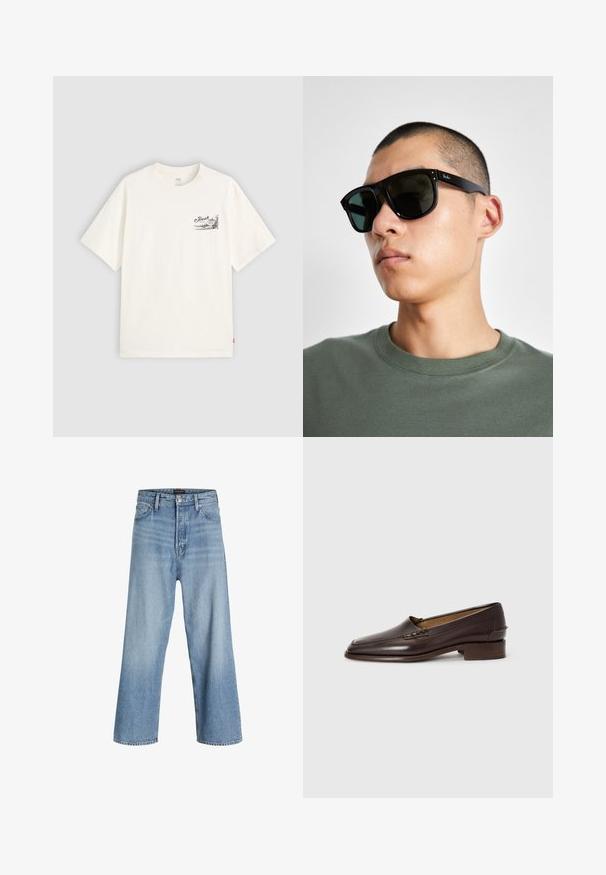 Bijela majica s kratkim rukavima od pamuka, s crnim grafičkim dizajnom na lijevoj strani prsnog dijela s riječju "Fresh."; Svijetloplave široke traperice izrađene od denima, s visokim strukom, klasičnim dizajnom s pet džepova i zatvaranjem na gumb s patentnim zatvaračem.; Smeđe kožne loafersice s malo šiljastim vrhom, niskim složenim potpeticama i dekorativnim šavovima na gornjem dijelu. Glatka tekstura, minimalistički dizajn.; Crne pravokutne sunčane naočale s tamnim lećama, koje imaju upečatljiv oblik i brend na ručki. Nosene od strane osobe u zelenoj košulji.