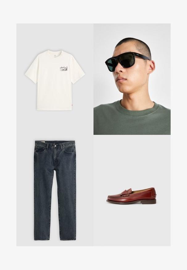 T-shirt blanc à manches courtes en coton, présentant un design graphique noir sur la zone gauche de la poitrine avec le mot "Fresh".; Jean en denim bleu foncé avec une coupe droite, cinq poches et une fermeture à bouton. Le tissu présente une légère décoloration et texture.; Mocassins en cuir brun avec une finition lisse, des coutures décoratives et un accent de gland à l'avant. Talon bas et solide de couleur marron, design épuré.; Lunettes de soleil rectangulaires noires avec des verres foncés, présentant une forme distinctive et un logo sur la branche. Portées par une personne en chemise verte.