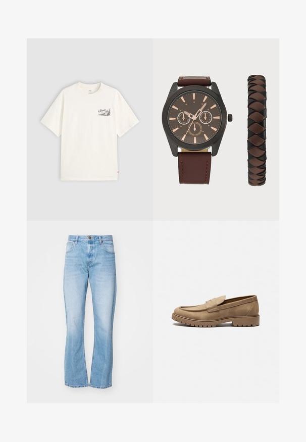 T-shirt branco de mangas curtas em algodão, com um desenho gráfico preto na área esquerda do peito com a palavra "Fresh."; Jeans de denim azul claro, com corte flare e cintura alta, bolsos frontais e fecho de zíper. Apresenta um leve desbotamento e detalhes de costura.; Mocassins em camurça bege com ponta arredondada, sola de borracha plana e costura decorativa na parte superior. Apresenta um design de calçar fácil, sem atacadores.; Pier One SET - Relógio - black/brown