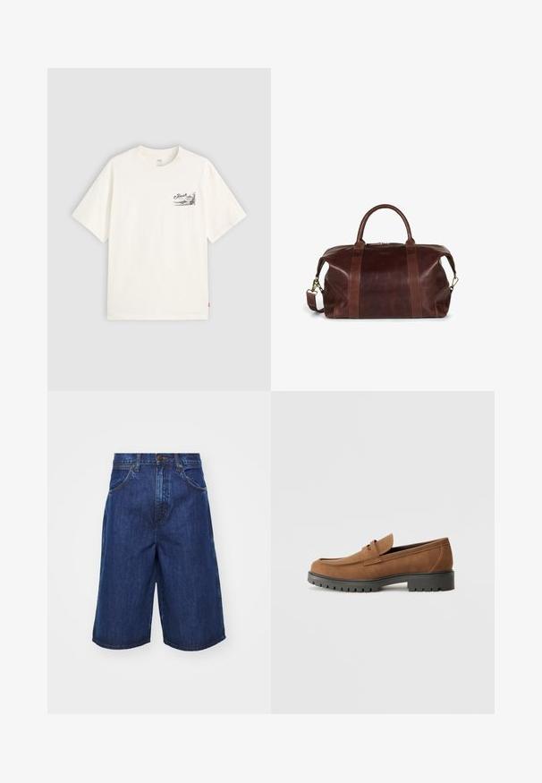 Valkoinen lyhythihainen t-paita, joka on valmistettu puuvillasta. Paidassa on musta graafinen kuvio vasemmassa rinnassa, jossa on sana "Fresh."; Tummansiniset farkkushortsit, joissa on rento leikkaus, suuret sivutaskut ja näkyvät ompelutiedot. Keskikorkea vyötärö, jossa nappisulkeminen.; Ruske mokasiner av sueding med rund tå og lav svart gummisåle, med dekorativ stropp og sømdetaljer på overdelen.; Ruskea nahkainen matkalaukku, jossa on kaksinkertaiset ylimmäiset kahvat, irrotettava olkahihna ja vetoketjuku Closure. Rakenne, jossa on tekstuuri ja kontrastivärit.