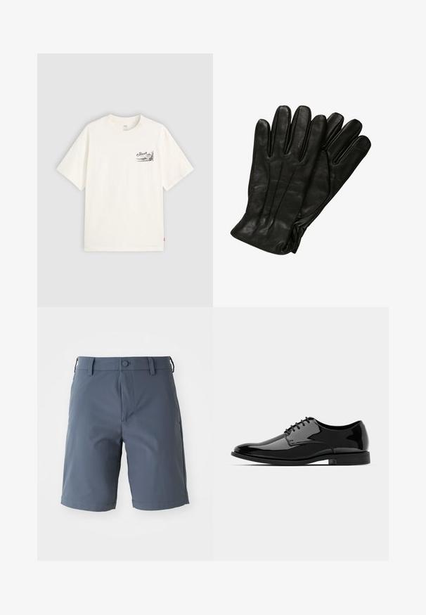 Witte t-shirt met korte mouwen van katoen, voorzien van een zwarte grafische afbeelding op de linker borst met het woord "Fresh."; Grijze, knie-lange shorts van lichtgewicht stof; voorzien van een knoopsluiting, riemlussen en zijzakken met een gladde textuur.; Zwarte gepatineerde leren jurkchoenen met een ronde neus, vetersluiting en een glad, glanzend oppervlak. Voorzien van een laagprofiel rubberen zool.; Zwarte leren handschoenen met een gladde textuur, vijf vingers en subtiele stiksels. Klassiek ontwerp, geschikt voor gebruik in koud weer.