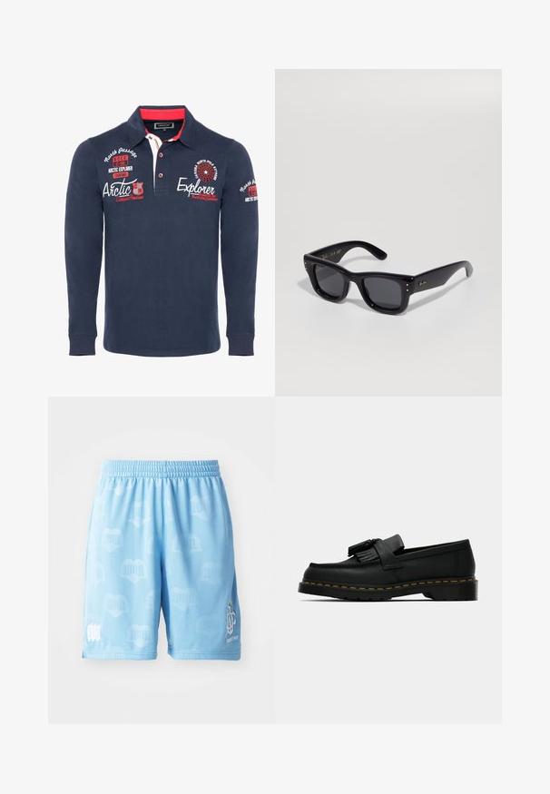 Navy long-sleeve polo shirt made of cotton, featuring a collar, red accents, and embroidered text and graphics on the chest and sleeves.; Light blue athletic shorts made of smooth fabric, featuring a subtle pattern, an elastic waistband, and printed logo accents on one leg.; Black leather loafer with tassels, yellow stitching along the sole, and a thick, ridged rubber outsole.; Black sunglasses with a glossy finish, rectangular frame, dark lenses, and gold logo accents on the temples. Two gold dots on each front corner.