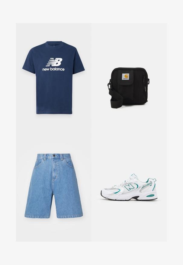 Navy blue cotton t-shirt with short sleeves and a crew neckline. Features a white "NB" logo and "new balance" text on the front.; Light blue denim shorts with a loose fit, high waist, five-pocket design, and subtle fading. Features a button closure and belt loops.; White athletic shoe with mesh and synthetic panels, turquoise accents, rounded toe, lace-up front, and black rubber sole.; Black crossbody bag with a zippered main compartment, front pocket, adjustable strap, and a visible logo patch on the flap.