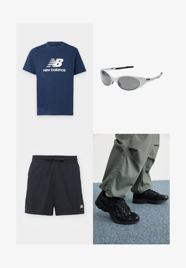 T-paita tummansinisestä puuvillasta, jossa on lyhyet hihat ja pyöreä pääntie. Edessä on valkoinen "NB" -logo ja "new balance" -teksti.; Musta verkkokangas urheilushortsit, joissa on joustava vyötärönauha ja nyöri, sekä pieni valkoinen logo alhaalla oikealla puolella.; Musta urheilukengät, joissa on kiiltävä ja verkkokangas tekstuuri, paksu pohja ja nauhat, yhdistettynä löysiin oliivinvihreisiin cargo-housuihin.; Valkoiset muoviset aurinkolasit suurilla soikeilla linsseillä, harmaasävyiset. Varusteena mustat korvavarret ja pieni logo kehyksessä. Sileä pinta.