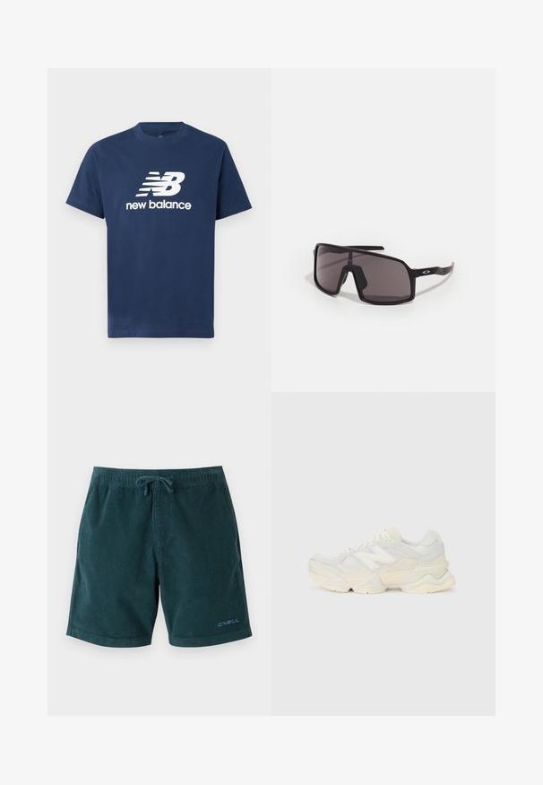 Temno moder bombažna majica s kratkimi rokavi in okroglo izrezom. Na sprednji strani vsebuje bel logotip "NB" in besedilo "new balance".; Temno turkizne korodurne kopalne hlače z elastičnim pasom in vrvico. Na spodnjem desnem delu hlač je logotip. Gladka tekstura, dolžina do kolen.; Lahki športni čevlji z zgornjim delom iz mrežastega materiala in antilopa v nežnih kremnih tonih, z debelim podplatom in tridimenzionalnimi poudarki.; Črne pravokotne sončna očala s temnimi lečami, širokim okvirjem in ozkimi črnimi ročaji. Imajo logo na templjih. Gladka tekstura.