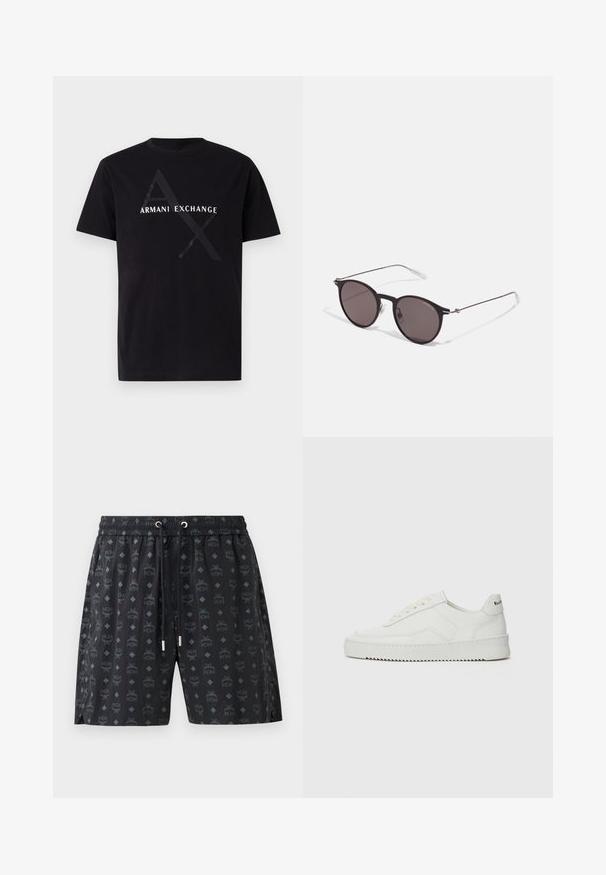 T-shirt in cotone nero con logo "Armani Exchange" bianco, arricchito da un elemento di design geometrico in nero. Collo a giro e maniche corte.; Pantaloni da nuoto neri con un motivo a logo ripetuto e forme a diamante. Realizzati in materiale leggero, con vita elasticizzata e cordino.; Sneaker in pelle bianca con una finitura liscia, punta rotonda, lacci piatti e suola testurizzata. Presenta un logo discreto sul tallone.; Occhiali da sole neri rotondi con lenti scure e sottili bracci in metallo. Include punte trasparenti e accenti argentati alla cerniera. Design minimalista.