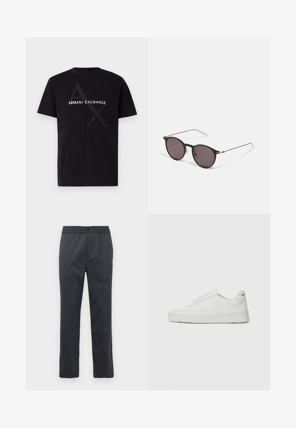 Čierne bavlnené tričko s bielym logom "Armani Exchange" a geometrickým dizajnovým prvkom v čiernej farbe. Štandardný okrúhly výstrih a krátke rukávy.; Tmavošedé nohavice rovného strihu s elastickým pásom, predným zapínaním na gombík a jemným vyšívaním na pravej strane.; Biele kožené tenisky s hladkým povrchom, okrúly špičkový dizajn, ploché šnúrky a textúrovaná podrážka. Obsahujú jemné logo na päte.; Čierne okrúhle slnečné okuliare s tmavými sklami a tenkými kovovými ramenami. Obsahujú priehľadné konce rámov a strieborné akcenty na pántoch. Minimalistický dizajn.
