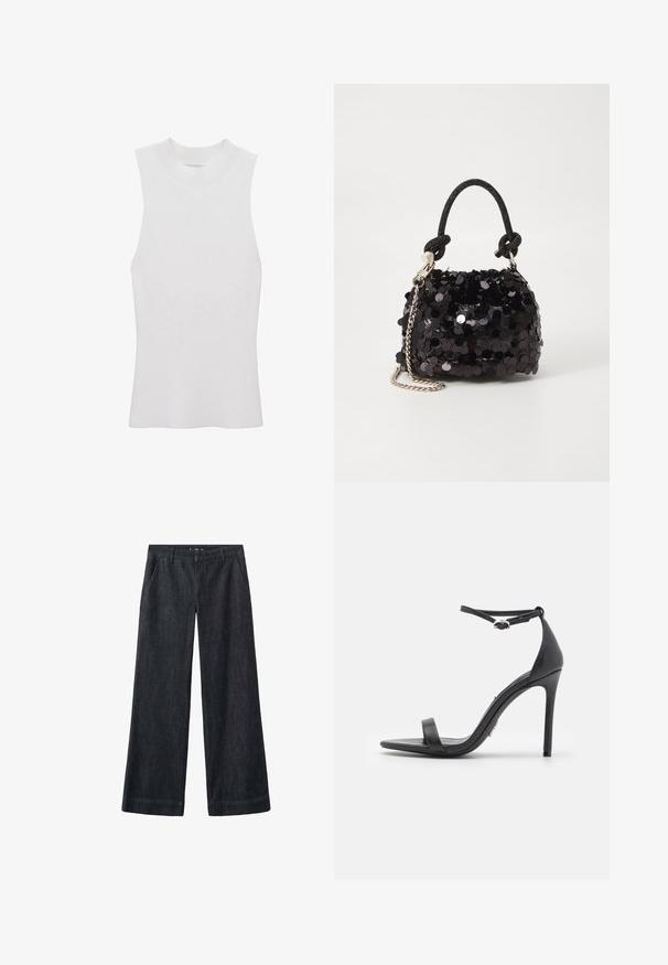 Bielo samostatné rebrované tričko bez rukávov s vysokým výstrihom a priliehavým strihom, vyrobené z mäkkej, štruktúrovanej textílie.; Nohavice s širokými nohavicami z tmavého denimu s hladkou textúrou, prednými vreckami, opaskovými pätkami a priamym strihom siahajúcim až po členok.; Čierne sandále na vysokom podpätku s otvorenou špičkou, tenkými remienkami a prackou na členku. Hladká kožená textúra s dizajnom so špicatou špičkou.; Čierna mini kabelka so štrasom, s uzlovým textúrovaným popruhom a strieborným reťazom. Guľatý tvar s riaseným vrchom a reflexnými detailmi.
