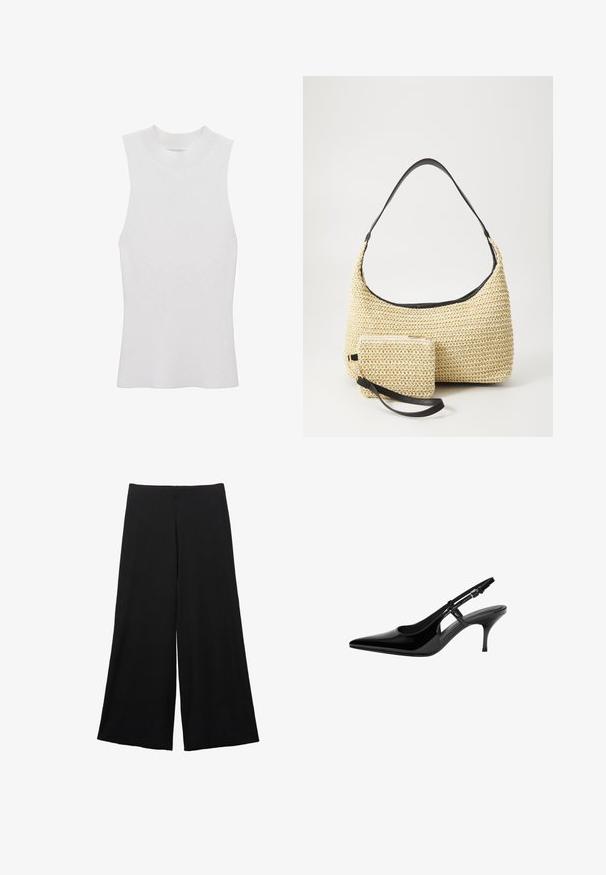 Top alb fără mâneci, cu un guler înalt și un design mulat, confecționat dintr-un material moale, texturat.; Pantaloni negri evazați, realizați dintr-un material moale. Prezintă talie înaltă și o textură netedă, fără modele sau accente vizibile.; Pump slingback din piele lacuită neagră, cu vârf ascuțit, decupaje laterale deschise, toc subțire și curea ajustabilă pentru gleznă.; Geantă din paie țesută, cu o siluetă curbată, având o curea din piele neagră netedă și un plic mic asortat, atașat printr-un breloc pentru încheietură.