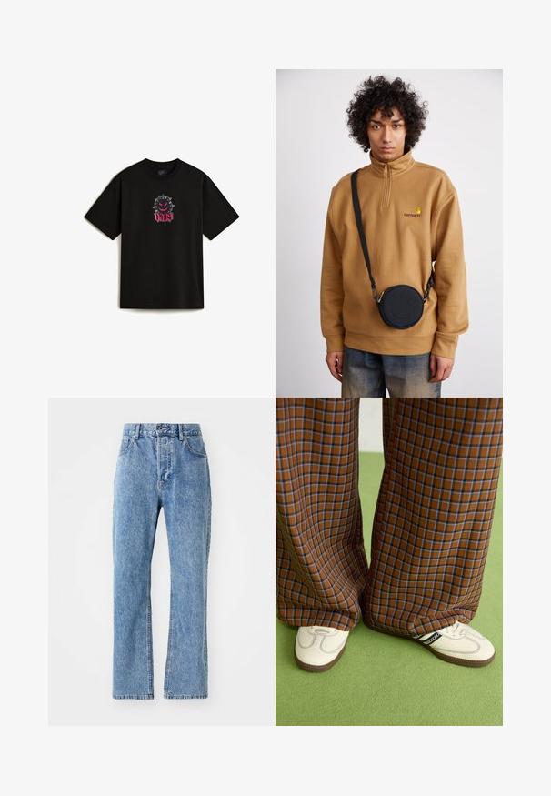Zwarte katoenen t-shirt met een vooraanstaand grafisch ontwerp van een stekelige cartoonfiguur en het woord "VANS" in roze schrift. Korte mouwen.; Lichtblauwe denim jeans met een hoge taille, een wijd broekontwerp, klassieke vijf-pocket stijl en subtiele vervaging langs de stof.; Bruine en blauwe geruite wijde broek, gecombineerd met witte schoenen met zwarte accenten en een gestructureerde zool, gezet tegen een groene achtergrond.; Bruine fleece sweatshirt met kwart rits en geborduurd logo, met een zwarte ronde crossbody tas met rits en logo detail, gedragen over denim.