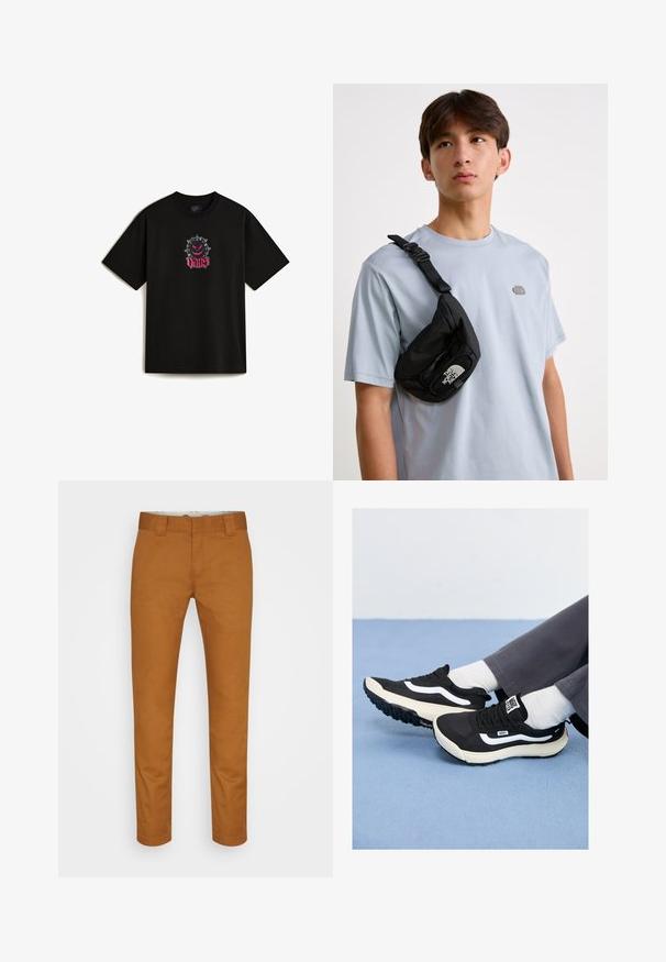T-shirt in cotone nero con una grafica davanti che presenta un personaggio dei cartoni animati con spuntoni e la parola "VANS" in corsivo rosa. Maniche corte.; Pantaloni in cotone marrone con taglio dritto, tasche frontali e una texture pulita e liscia. Presentano passanti per cintura e dettagli di cucitura discreti.; Sneakers neri con dettagli bianchi, materiali in rete e gomma, caratterizzati da una suola testurizzata e una linguetta sul tallone. Indossati con calze bianche e pantaloni grigi.; Borsa a tracolla nera in nylon con tracolla regolabile, caratterizzata da un logo bianco prominente. Indossata su una t-shirt azzurro chiaro. Design semplice e funzionale.