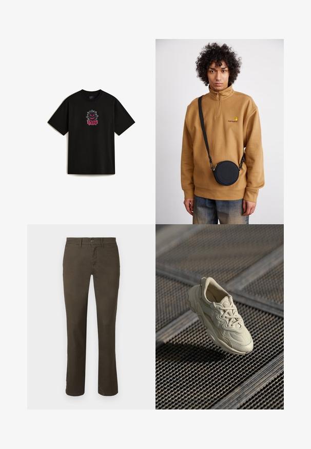 T-shirt in cotone nero con una grafica davanti che presenta un personaggio dei cartoni animati con spuntoni e la parola "VANS" in corsivo rosa. Maniche corte.; Pantaloni marroni scuri in misto cotone. Presentano una chiusura con bottone, un design a gamba dritta e una sottile texture senza motivi o decorazioni visibili.; Sneaker beige con tessuto texturizzato, accenti lisci a contrasto, suola arrotondata e lacci, sospeso sopra una superficie a griglia.; Felpa in pile marrone con zip a quarto e logo ricamato, abbinata a una borsa a tracolla rotonda nera con zip e dettagli del logo, indossata sopra dei jeans.