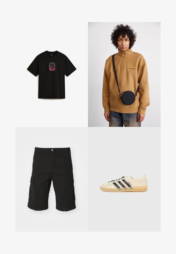 Black cotton t-shirt featuring a front graphic design with a spiked cartoon character and the word "VANS" in pink script. Short sleeves.; Black cargo shorts made from durable fabric, featuring side pockets, a button closure, and rolled hem details. Straight cut design.; Light cream sneaker with black three-stripe design, textured upper, round toe, and gum sole. Features laces and branding on side.; Brown quarter-zip fleece sweatshirt with embroidered logo, featuring a black round crossbody bag with a zipper and logo detail, worn over denim.