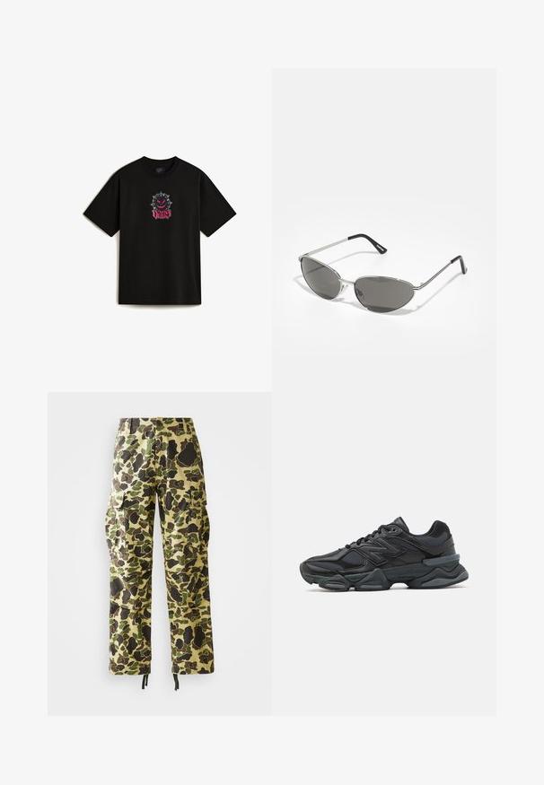 Camiseta de algodón negra con un diseño gráfico en la parte frontal que presenta un personaje de dibujos animados con picos y la palabra "VANS" en un estilo de escritura rosa. Mangas cortas.; Pantalones cargo de pierna recta para hombre con un patrón de camuflaje en verde, marrón y beige, cierre de botón, bolsillos laterales y dobladillos con cordón.; Zapatilla de running negra que presenta una combinación de malla y materiales sintéticos, suela gruesa, diseño curvado y una marca prominente en el costado.; Gafas de sol con un elegante marco de metal plateado, lentes tintados de color gris y un diseño aerodinámico que presenta bordes puntiagudos y patas delgadas.