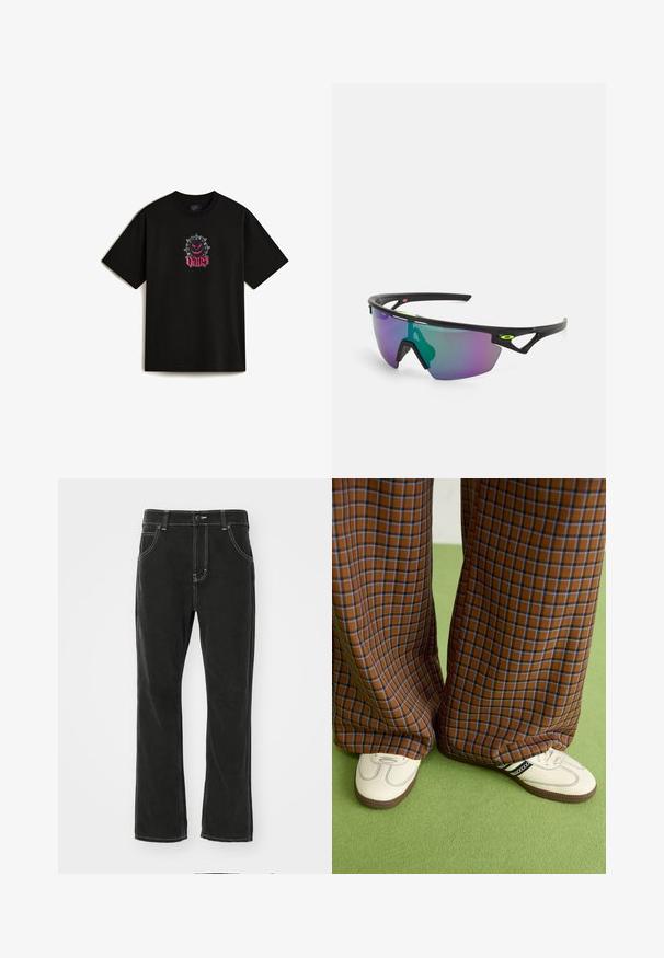 Camiseta de algodón negra con un diseño gráfico en la parte frontal que presenta un personaje de dibujos animados con picos y la palabra "VANS" en un estilo de escritura rosa. Mangas cortas.; Dickies HOUSTON - Vaqueros rectos - black; Pantalones de pata de elefante de cuadros marrones y azules combinados con zapatos blancos con detalles en negro y suelas texturizadas, sobre un fondo verde.; Gafas de sol deportivas con montura negra, grandes lentes degradados con tonos púrpuras y verdes, y acentos de diseño angulares con detalles de logotipo.
