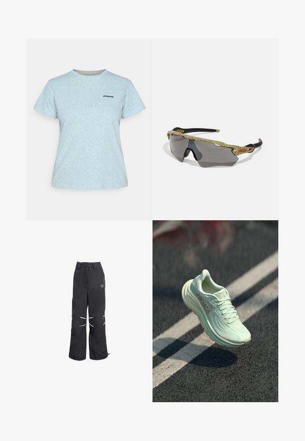 T-shirt Patagonia bleu clair à manches courtes avec un col rond et un petit logo Patagonia noir sur la poitrine gauche.; Pantalons larges noirs avec des détails réfléchissants aux genoux, taille haute avec passants de ceinture, et un logo circulaire sur la cuisse supérieure droite.; Chaussure de course HOKA en vert menthe clair, dotée d'une tige en maille texturée, d'un bout arrondi, d'une semelle coussinée et d'un logo bien visible sur le côté.; Lunettes de soleil de sport avec une monture à motifs verts, des branches noires et des verres gris. Le design présente un style enveloppant avec une forme audacieuse et sportive.