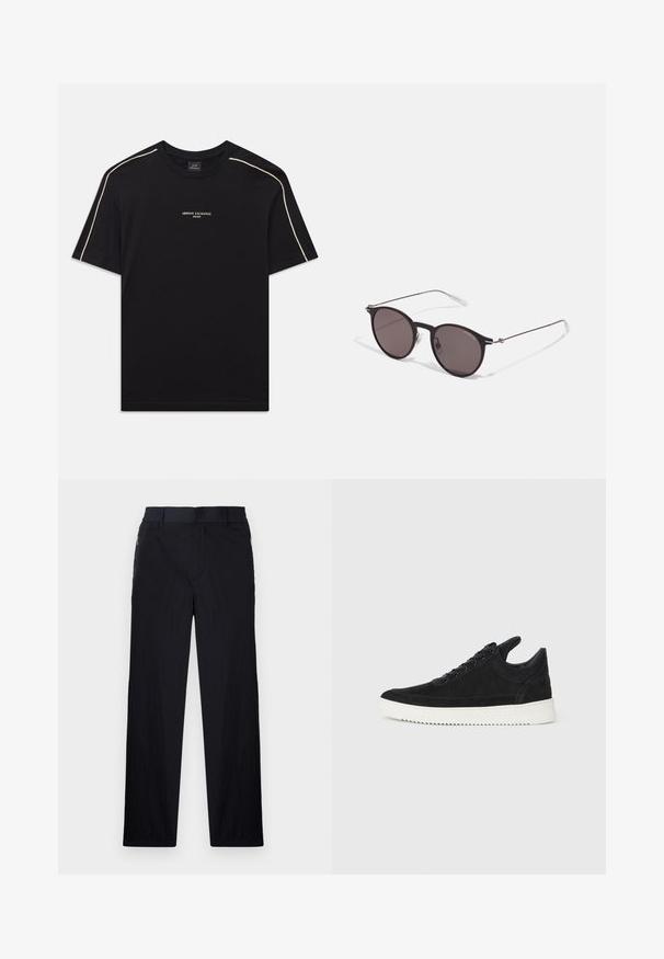 Black cotton t-shirt with short sleeves, rounded neck, beige accent stitching on shoulders, and ARMANI EXCHANGE logo in the center.; Black trousers featuring a lightweight, textured fabric, straight-leg design, elastic waistband, and side zip pockets.; Black suede sneaker with a white rubber sole, featuring tonal stitching and lace-up design. Smooth texture with a modern, streamlined shape.; Black round sunglasses with dark lenses and slim metal arms. Includes clear temple tips and silver accents at the hinge. Minimalist design.