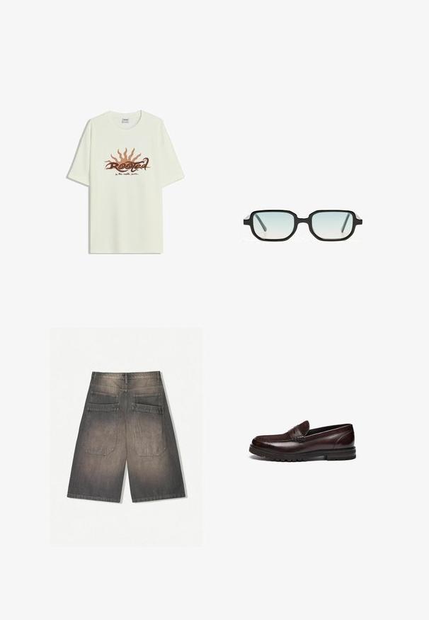 Lichtcrème korte mouwen t-shirt van ribgebreid katoen, met een bruine zonafbeelding en het woord "Rooted" in een gestileerd lettertype.; Donkergrijze denim shorts met een vervaagde afwerking, met twee achterzakken en rechte, brede pijpen. Geen zichtbare hardware of versieringen.; Bruine leren instappers met een suède accent, ronde neus en een gestructureerde rubberen zool. Kenmerken zijn gestikte details en een lichte hak.; Zwarte zonnenbril met een octagonaal frame en een gradient blauwe glazen. Dikke veren met een gladde textuur. Minimalistisch ontwerp, geen zichtbare logo's.; Zilveren metalen kettinghalsketting met dikke, in elkaar grijpende schakels, gepolijste textuur en een kleine sluiting met merkaanduiding.