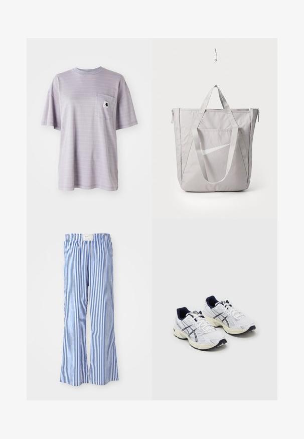 Világos lila, rövid ujjú póló, finom vízszintes csíkokkal és egy mellzsebbel, amelyen egy kis márka logó található. Puha pamut anyag.; Kék és fehér csíkos, laza fazonú nadrág, könnyű anyagból készült, rugalmas derékpánttal és diszkrét logócímkével.; ASICS SportStyle GEL 1130 - Sportcipő - white/midnight; Szürke tote táska megerősített fogantyúkkal, elülső cipzáras zsebbel és egy fehér Nike swoosh logóval. Tartós anyagból készült, sima felületű.