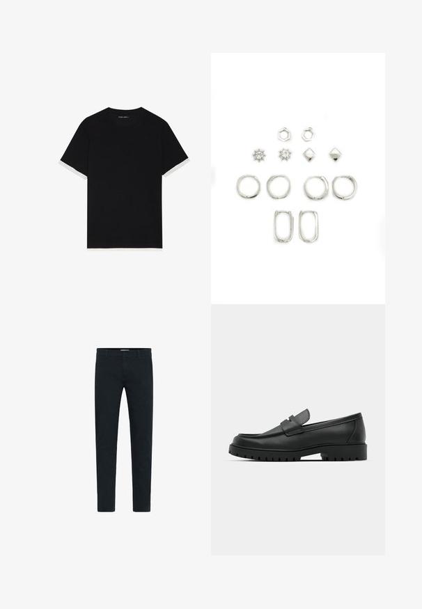 Schwarzes T-Shirt mit kurzen Ärmeln aus strukturiertem Stoff, mit weißen Akzenten an den Bündchen. Gerundetem Halsausschnitt, lockere Passform.; Schwarze Baumwollhose mit schmaler Passform, ausgestattet mit einem Knopf- und Reißverschluss, fünf Taschen und einer glatten Textur. Schlichtes Design ohne Muster.; Schwarze Lederloafer mit runder Zehenform, ausgestattet mit einem gesteppten Design, niedrigem Plattformsohle und einer strukturierten, genoppten Gummisohle.; Set mit silbernen Ohrringen in verschiedenen Formen: Creolen, Sechsecke, Diamanten und Sonnendesigns, einige mit klaren Kristallen, glatte Textur.