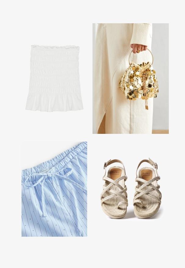 Biała spódnica z bufiastymi rękawami, z falbanami na dole i elastycznym paskiem, charakteryzująca się teksturowaną powierzchnią i zwiewnym krojem.; Jasnoniebieskie szorty piżamowe w pionowe paski z małymi odblaskowymi ćwiekami. Elastyczny pas z możliwością regulacji dzięki sznurków.; Beżowe plecione sandały z krzyżowymi paskami, wykonane z teksturowanych naturalnych włókien, z płaską podeszwą i regulowanym paskiem na kostkę.; Złota torebka worek z cekinami, z okrągłym uchwytem, ozdobiona błyszczącymi okrągłymi cekinami oraz teksturowanym materiałem. Wymiary nie są podane.