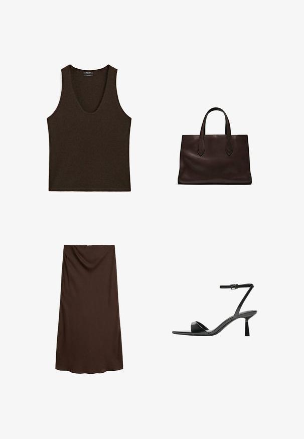 Søløs mørkebrun cashmere tanktop med rund udskæring, laid flat.; Brun, knælang nederdel lavet af glat stof med draperet design og elastisk talje for komfort og fleksibilitet.; Bershka Højhælede sandaletter / Højhælede sandaler - black; Brun læder tote bag med to forlængede håndtag, struktureret rektangulær form, glat overflade og subtile syninger.