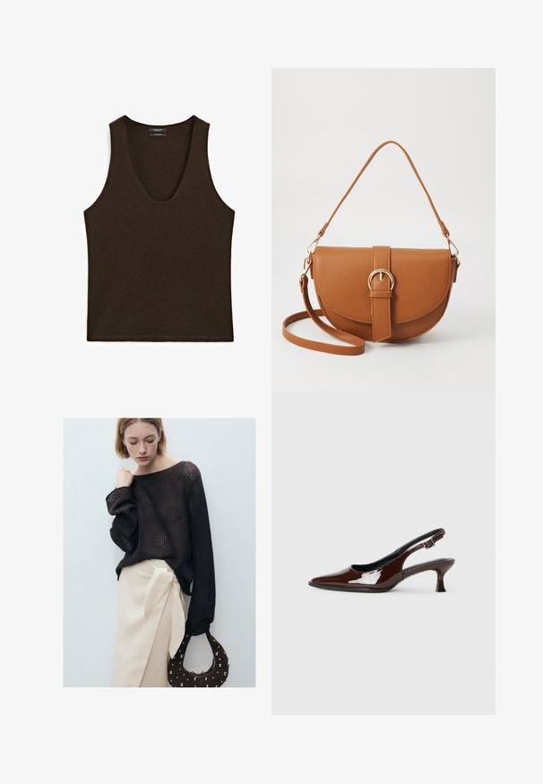 Bezrukávový tmavě hnědý kašmírový top s výstřihem do U, položený na rovné ploše.; Hnědý pletený svetr s oversized rukávy, doplněný béžovou zavinovací sukní se bočním vázáním. Doplňky zahrnují kulatou, hnědou tašku s cvočky.; Hnědé lakované kožené slingback boty s špičatou špičkou a mírným podpatkem. Disponují přezkou pro bezpečné upevnění. Hladký povrch.; Hnědá kožená křížová taška s zakřiveným tvarem, zlatými detaily a akcentem s přezkou. Obsahuje odnímatelný popruh na rameno.