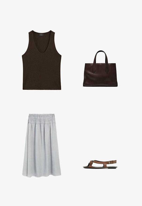 Débardeur sans manches en cachemire marron foncé avec encolure arrondie, posé à plat.; Jupe gris clair, longueur genou, avec une taille élastique froncée et une texture douce et lisse. Design fluide avec une légère forme en A.; Sandale en cuir brun avec un bout ouvert et des découpes sur les côtés. Présente une sangle de cheville avec une boucle en métal et une semelle plate.; Sac tote en cuir marron avec deux poignées allongées, forme rectangulaire structurée, texture lisse et détails de couture subtils.