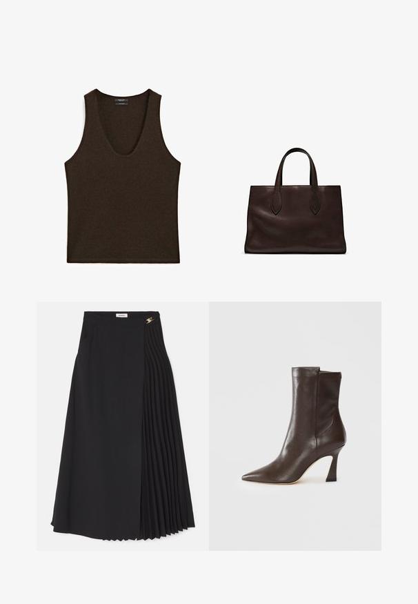Ärmelloses, dunkelbraunes Cashmere-Top mit Rundhalsausschnitt, flach ausgelegt.; Schwarze Midirock mit Plissee-Design auf einer Seite, aus leichtem Stoff gefertigt, mit unsichtbarem Reißverschluss und Seitentaschen.; Dunkelbraune Lederstiefel bis zur Wade mit spitzem Zehenbereich, geschwungenem, schmalem Absatz und glatter Oberfläche auf weißem Hintergrund.; Braune Ledertasche mit zwei langen Griffen, strukturierte rechteckige Form, glatte Textur und dezente Nähdetails.