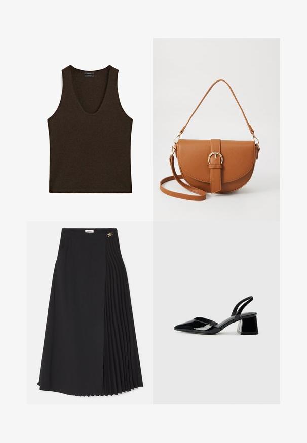 Mouwloze donkerbruine kasjmieren tanktop met ronde hals, plat gelegd.; Zwarte midi-rok met een geplooid ontwerp aan één kant, gemaakt van lichtgewicht stof met een verborgen ritssluiting en zijzakken.; Zwarte gepatineerde leren slingback hakken met een spitse neus en een geometrische blokhak. Kenmerkt zich door een slank, minimalistisch ontwerp en een gladde textuur.; Bruine leren schoudertas met een gebogen vorm, gouden hardware en een gespaccent. Bevat een afneembare schouderriem.
