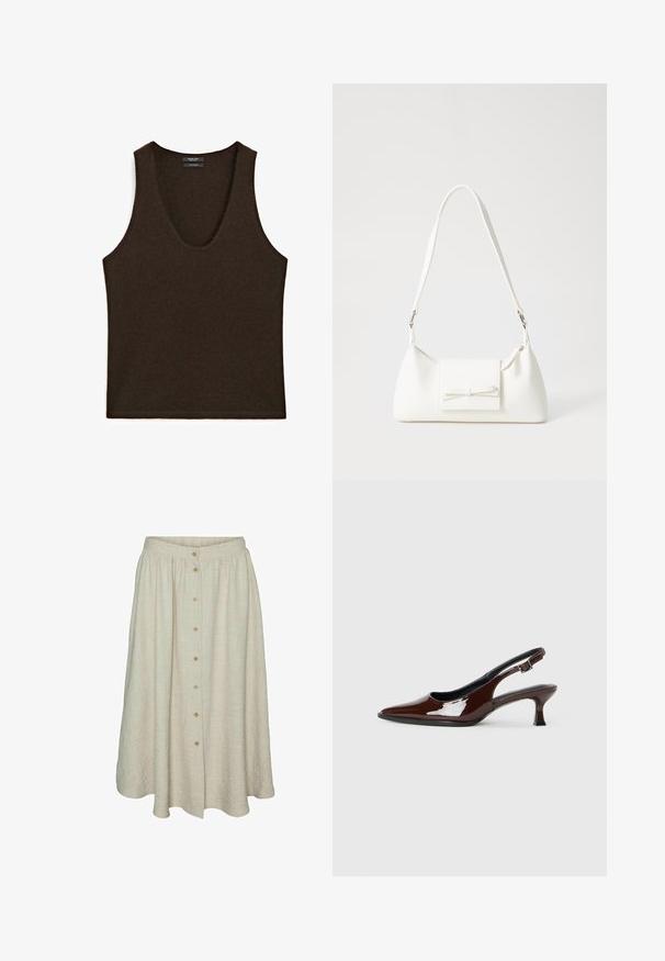 Mouwloze donkerbruine kasjmieren tanktop met ronde hals, plat gelegd.; Beige rok tot op de knie van textuurstof met een knopenlijst, elastische tailleband en een vloeiend ontwerp.; Bruine gepatineerde leren slingback-schoen met een spitse neus en een gematigd hakje. Voorzien van een gespsluiting voor een veilige pasvorm. Glad van textuur.; Witte synthetische handtas met een driehoekige vorm, platte voorklep en strikdetail, verstelbare schouderriem, gladde textuur en minimalistisch ontwerp.