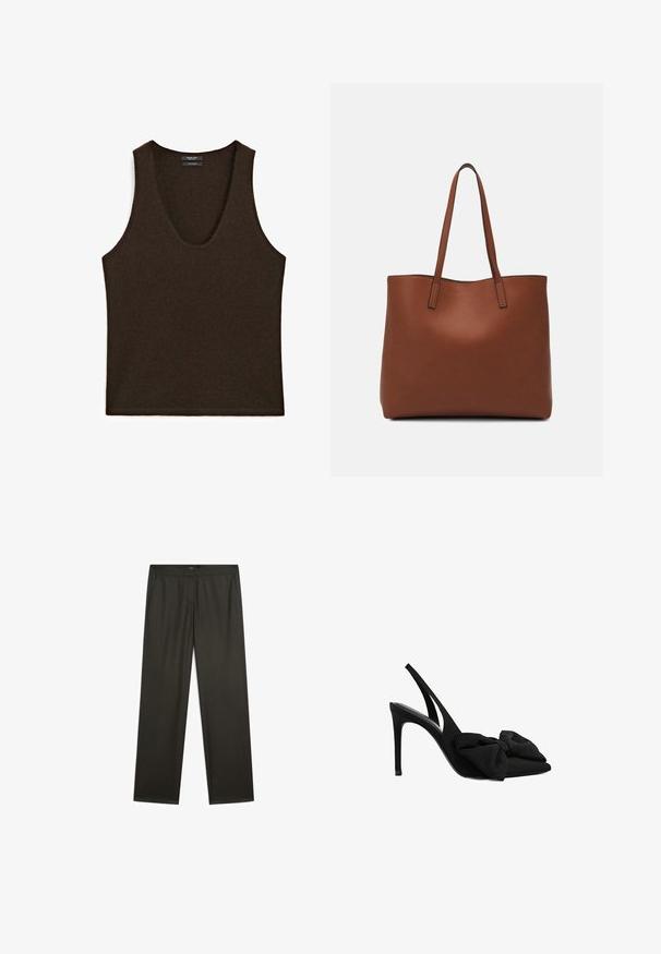 Ärmelloses, dunkelbraunes Cashmere-Top mit Rundhalsausschnitt, flach ausgelegt.; Dunkelgrüne, weit geschnittene Hosen mit glatter Textur, elastischem Bund und seitlichen Taschen. Schlichtes Design ohne sichtbare Muster oder Beschläge.; Schwarze Slingback-Highheels aus glattem Stoff mit spitzer Zehenform und einem Stoffschleifchen auf der Vorderseite. Schlanker Stiletto-Absatz.; Braune Leder-Tote mit glatter Textur, offenem Oberteil und zwei Schulterriemen. Verfügt über minimale Nähte und keine sichtbaren Beschläge.