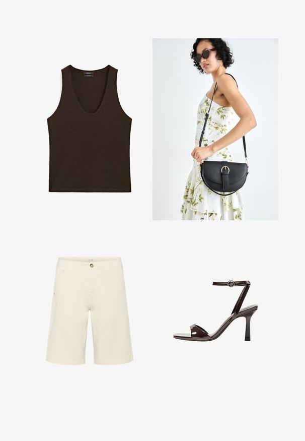 Top senza maniche in cashmere marrone scuro con scollatura a girocollo, posato in piano.; Pantaloni corti color crema realizzati in misto cotone, con chiusura a bottone, passanti per cintura e tasche laterali; texture liscia con un design a taglio dritto.; Sandalini con tacco alto in pelle verniciata marrone, con cinturino alla caviglia, punta aperta e un design elegante e minimalista. Presentano un tacco quadrato.; Borsa a tracolla nera in pelle con una forma curva, manico rimovibile e accessori dorati. La borsa presenta una patta con un dettaglio a fibbia.