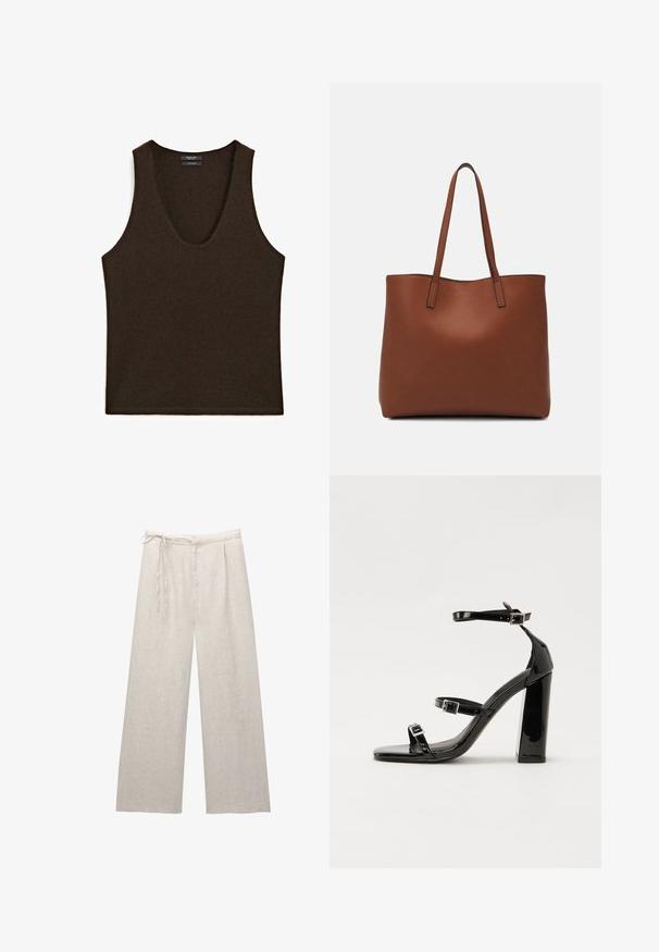 Débardeur sans manches en cachemire marron foncé avec encolure arrondie, posé à plat.; Pantalons larges en lin beige clair avec une taille haute, des plis et un cordon de serrage ajustable. La texture lisse et les lignes épurées mettent en valeur le design.; Sandales à talons hauts en cuir verni noir avec deux brides à boucles, bout carré et talon bloc épais, présentant une texture lisse et brillante.; Sac fourre-tout en cuir marron avec une texture lisse, design à ouverture supérieure et deux poignées pour le porter à l'épaule. Présente des coutures minimales et aucun matériel visible.