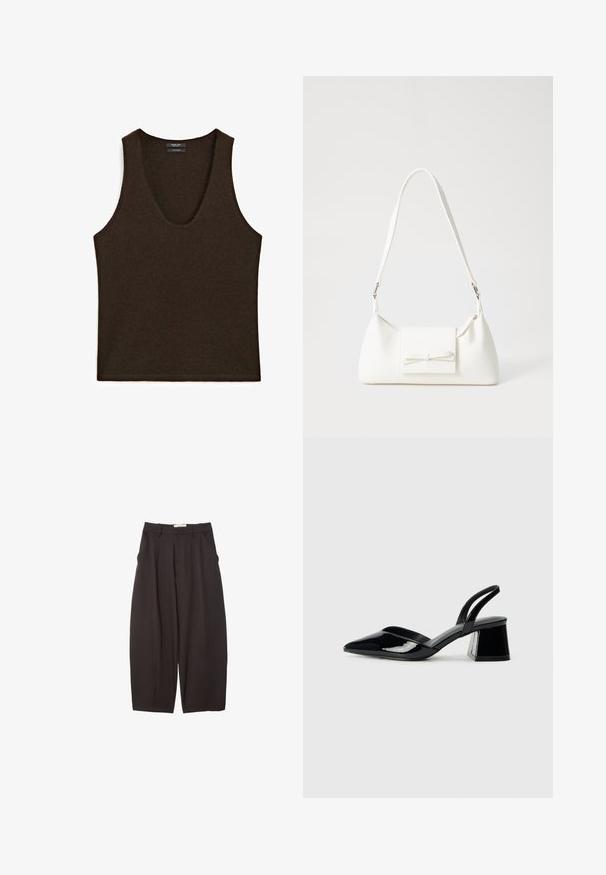 Débardeur sans manches en cachemire marron foncé avec encolure arrondie, posé à plat.; Pantalons larges noirs en tissu lisse, avec une taille haute, des plis avant et des poches latérales. Design simple sans embellissements.; Escarpins en cuir verni noir avec bout pointu et talon bloc géométrique. Présente un design élégant et minimaliste ainsi qu'une texture lisse.; Sac à main synthétique blanc en forme triangulaire, avec un rabat avant plat et un détail en nœud, une bandoulière ajustable, une texture lisse et un design minimaliste.