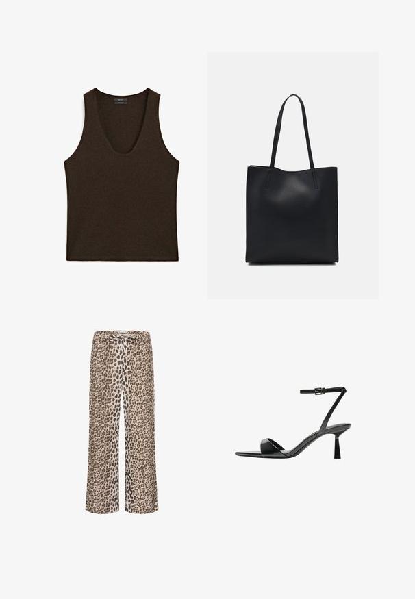 Sleeveless dark brown cashmere tank top with scoop neckline, laid flat.; Leopard print pants featuring a lightweight fabric, wide-leg design, and a drawstring waistband. Dominant colors are beige, brown, and black.; Bershka High heeled sandals - black; Black leather tote bag with smooth texture, rectangular shape, and two long handles. No visible hardware or embellishments.