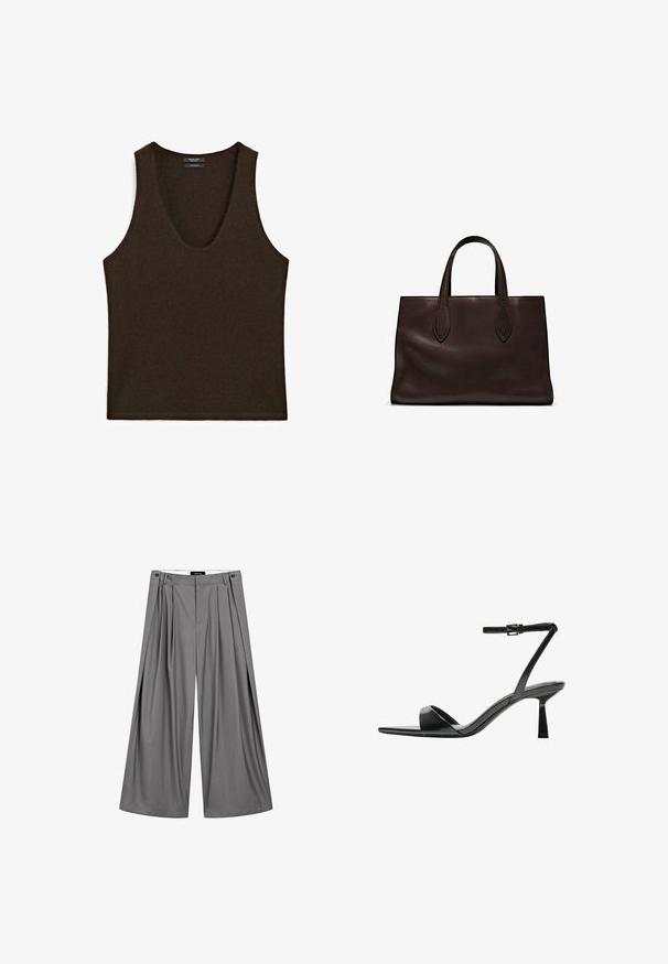 Ärmelloses, dunkelbraunes Cashmere-Top mit Rundhalsausschnitt, flach ausgelegt.; Massimo Dutti FLOWING WITH DARTS - Stoffhose - grey; Bershka High Heel Sandalette - black; Braune Ledertasche mit zwei langen Griffen, strukturierte rechteckige Form, glatte Textur und dezente Nähdetails.