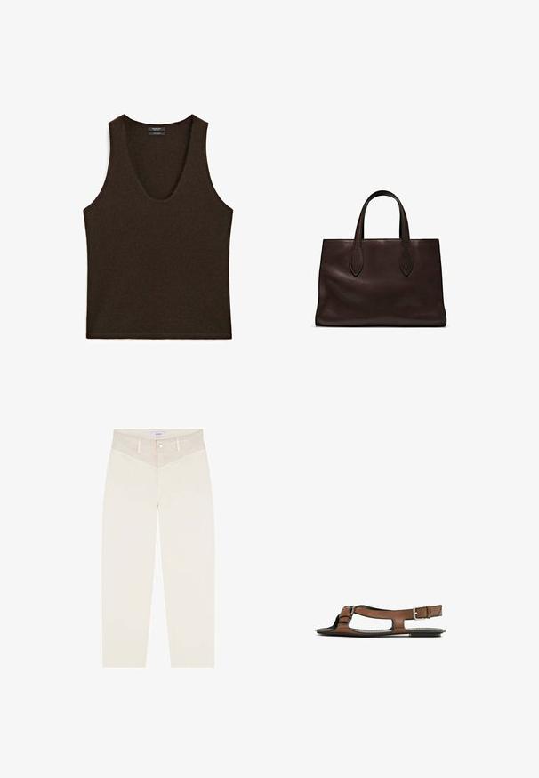 Sleeveless dark brown cashmere tank top with scoop neckline, laid flat.; Cream-colored pants with a straight-leg design, made of soft fabric. Features a patterned waistband and standard front pockets.; Brown leather sandal with an open toe and side cutouts. Features an ankle strap with a metal buckle and a flat sole.; Brown leather tote bag with two elongated handles, structured rectangular shape, smooth texture, and subtle stitching details.