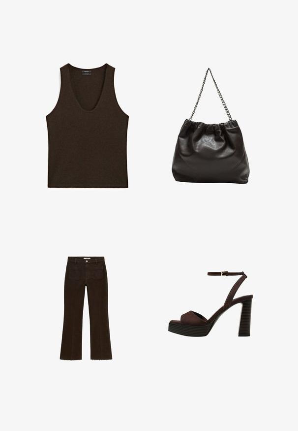 Bezrukávový tmavě hnědý kašmírový top s výstřihem do U, položený na rovné ploše.; Hnědé zvonové džíny s vysokým pasem, které mají zapínání na knoflík, dvě zadní kapsy a detaily s třepením na lemu. Vyrobeno z denimové látky.; Hnědé semišové sandály na vysokém podpatku s otevřenou špičkou, nastavitelným páskem kolem kotníku a proužkovou platformou.; Hnědá kožená taška se sbíraným vrškem a řetízkovým popruhem. Hladký povrch s lesklým finišem a jemným švem na bocích.