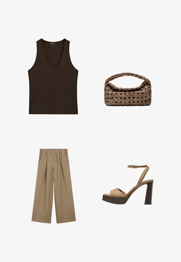 Ärmelloses, dunkelbraunes Cashmere-Top mit Rundhalsausschnitt, flach ausgelegt.; Weite Hosen in hellbraunem Stoff mit strukturiertem Finish, ausgestattet mit einem elastischen Bund und seitlichen Taschen.; Beige Wildleder-Pumps mit hohem Absatz, breitem Vorderband und Knöchelriemen, ausgestattet mit einem klobigen Holzblockabsatz mit strukturiertem Finish.; Geflochtener brauner Handtasche in rechteckiger Form, mit strukturiertem Griff und texturierter Oberfläche. Verfügt über einen geschlossenen oberen Teil und ein ausgeklügeltes Geflechtmuster.