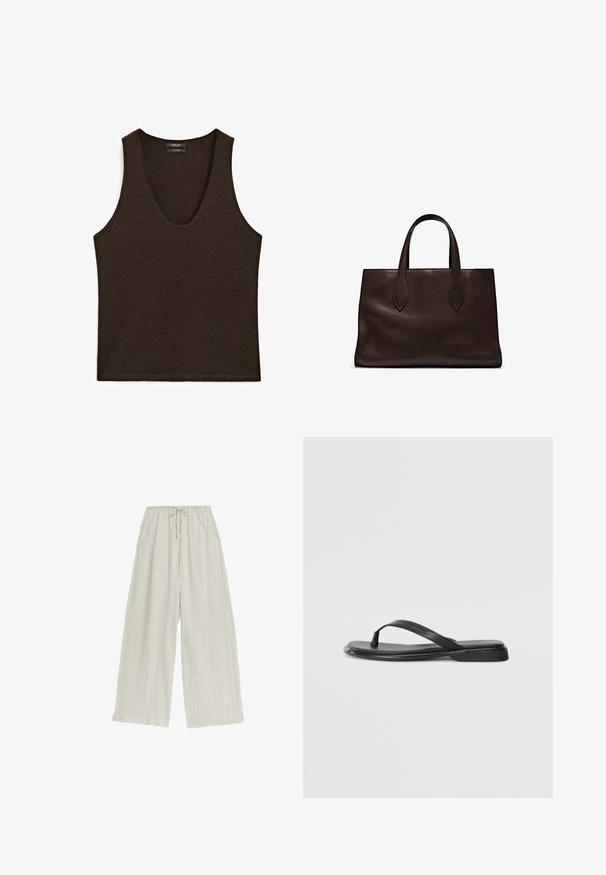 Mouwloze donkerbruine kasjmieren tanktop met ronde hals, plat gelegd.; Linnen broek met wijde pijpen in lichtbeige, met een elastische tailleband en een trekkoord. Heeft een losse, ontspannen pasvorm en een gestructureerd oppervlak.; Zwarte teenflip-flop van glad leer, met een dunne band en een platte zool met een minimalistisch profiel. Geen opvallende patronen of accenten.; Bruine leren tote bag met twee verlengde handvatten, gestructureerde rechthoekige vorm, gladde textuur en subtiele stiksels.