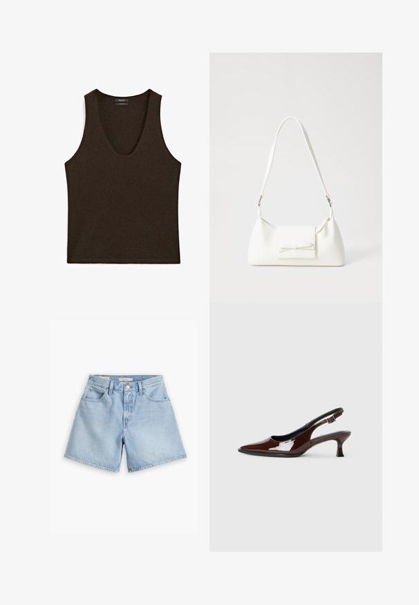 Mouwloze donkerbruine kasjmieren tanktop met ronde hals, plat gelegd.; Lichtblauwe denimshorts met een hoge taille, voorzien van voorzakken, een knoopsluiting en een rechte pasvorm. Klassieke gestikte zoom.; Bruine gepatineerde leren slingback-schoen met een spitse neus en een gematigd hakje. Voorzien van een gespsluiting voor een veilige pasvorm. Glad van textuur.; Witte synthetische handtas met een driehoekige vorm, platte voorklep en strikdetail, verstelbare schouderriem, gladde textuur en minimalistisch ontwerp.