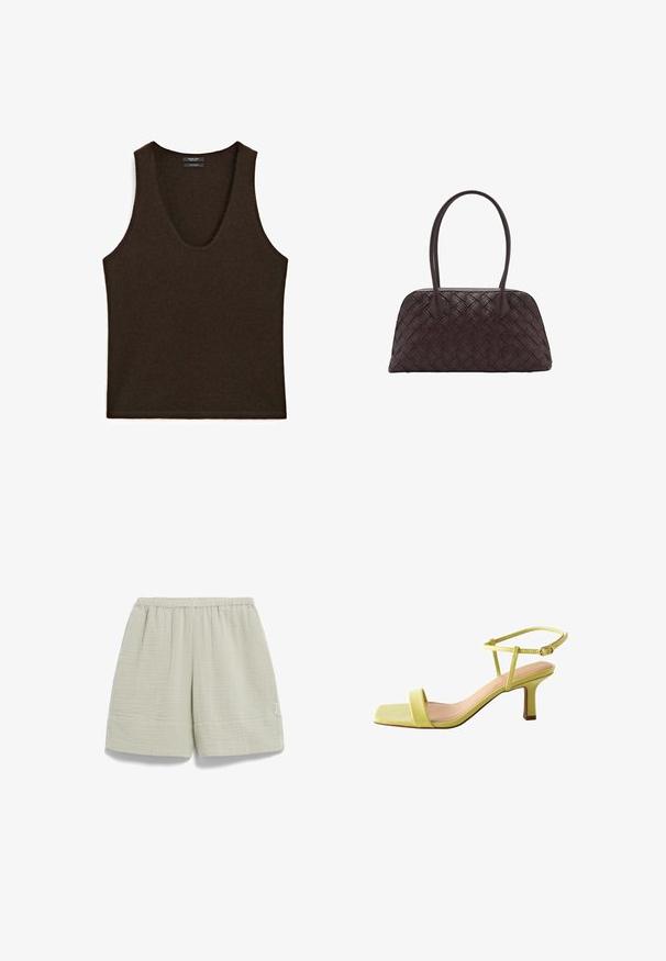 Ärmelloses, dunkelbraunes Cashmere-Top mit Rundhalsausschnitt, flach ausgelegt.; Hellgrüne, strukturierte Baumwollshorts mit elastischem Bund, Seitentaschen und einem leicht lockeren Schnitt, ausgestattet mit genähten Saumdetails.; Next FOREVER COMFORT REGULAR FIT - Riemensandalette - lime green; Geflochtene braune Ledertasche mit runder Form, doppeltem oberen Griff und glatter Textur; verfügt über subtile Nähte als Designdetail.