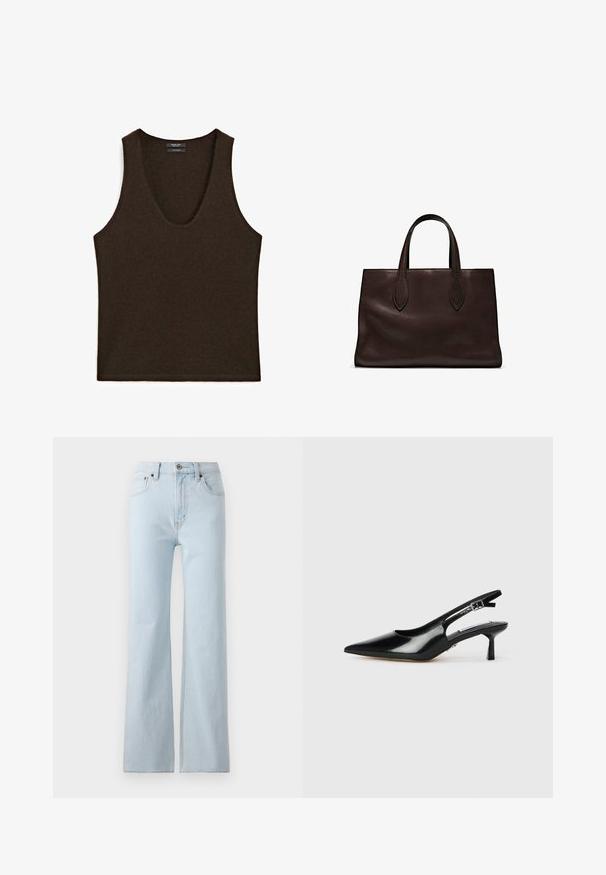 Bezrękawnik w ciemnym brązie z kaszmiru, z okrągłym dekoltem, leżący płasko.; Jasnoniebieskie dżinsy o prostym kroju nogawek, wysokim stanie, subtelnym wzorze i kontrastowym szwie. Zawierają pięć kieszeni oraz metalowe akcesoria.; Czarne lakierowane sandały na obcasie z wąskim noskiem, cienkim obcasem i regulowanym paskiem z klamrą. Gładka faktura z minimalnymi zdobieniami.; Brązowa skórzana torba tote z dwoma wydłużonymi uchwytami, usztywnionym prostokątnym kształtem, gładką teksturą i subtelnymi detalami przeszycia.