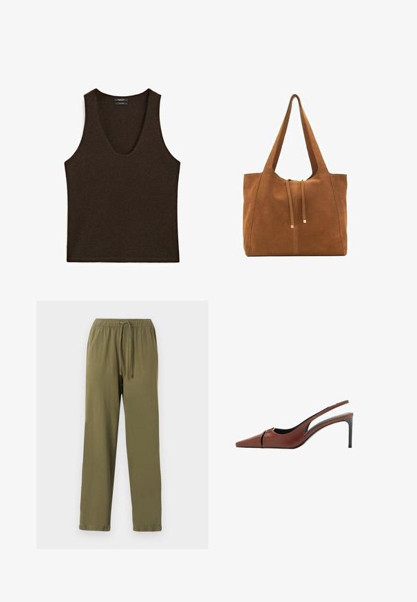 Ärmelloses, dunkelbraunes Cashmere-Top mit Rundhalsausschnitt, flach ausgelegt.; Olivengrüne, leichte Jogginghosen mit einem elastischen Bund, verstellbarem Kordelzug und Bündchen am Saum. Aus glattem Baumwollmischgewebe.; Braune Leder Slingback-Pumps mit spitzer Zehe, Ausschnittdetail am Vorderblatt und elegantem Stiletto-Absatz. Glatte Textur.; Braune Wildleder-Tasche mit zwei langen Trägern, Zugverschluss und minimalistischem Design. Glatte Textur und keine sichtbaren Hardware-Details.