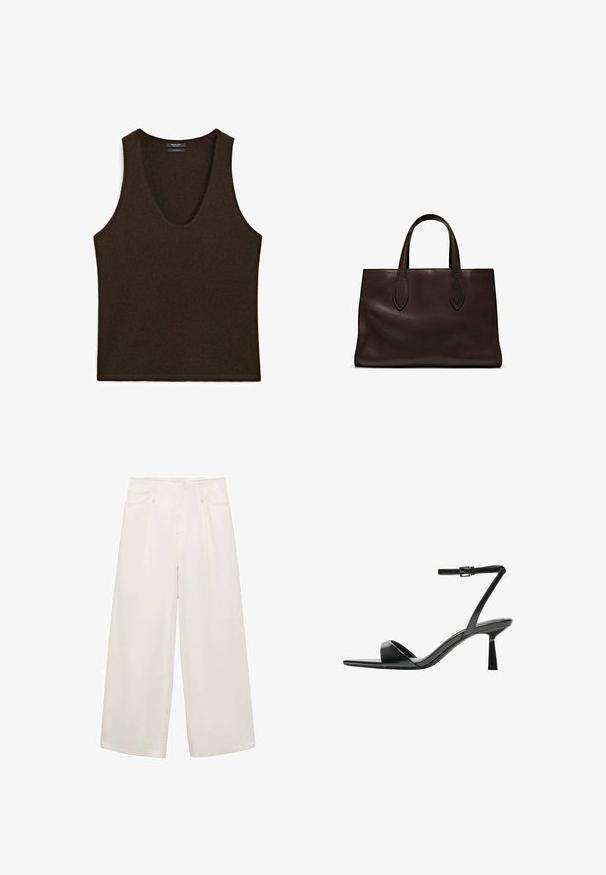 Mouwloze donkerbruine kasjmieren tanktop met ronde hals, plat gelegd.; Wijd-pijpen witte broek gemaakt van gladde stof, met vijf zakken, zichtbare stiksels en een hoge taille.; Bershka Sandalen met hoge hak - black; Bruine leren tote bag met twee verlengde handvatten, gestructureerde rechthoekige vorm, gladde textuur en subtiele stiksels.